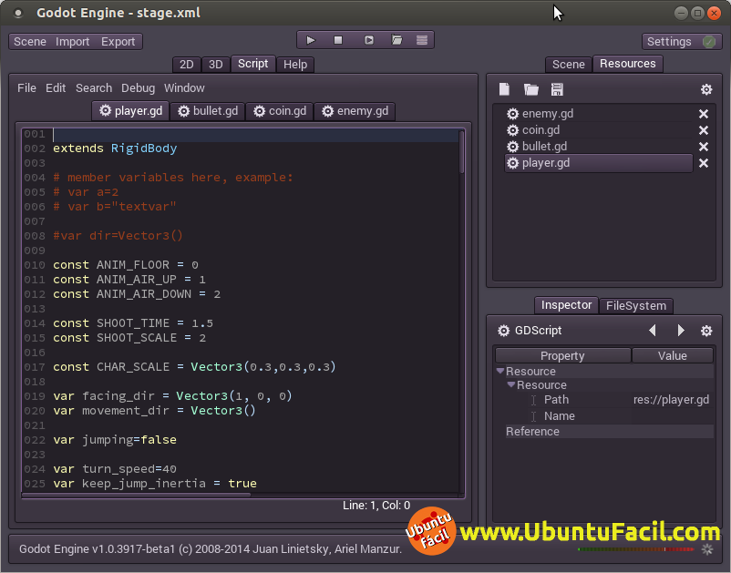 Interface de Godot Engine en Ubuntu