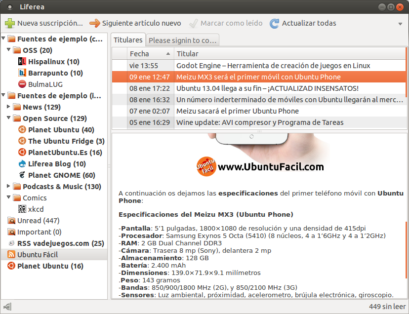 Liferea Lector de noticias RSS para Ubuntu / Linux